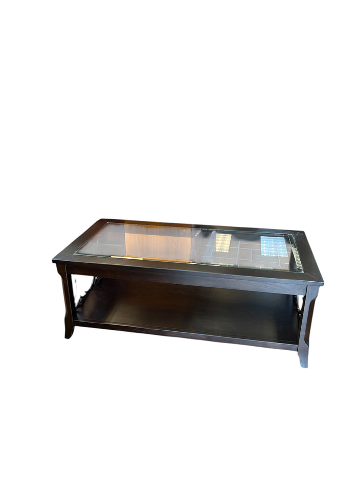 Glass Top Coffee Table With Geometric Wood Sides