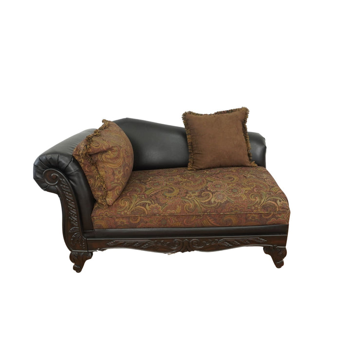 Heritage Chaise Lounge in Brown Fabric with Leather and Carved Wood Finish