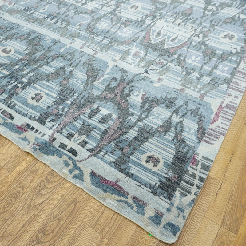 8x10-ft Wool Area Rug - Dune Patterned Blue Grey & Black