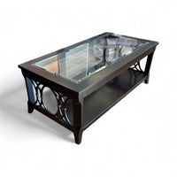 Glass Top Coffee Table With Geometric Wood Sides
