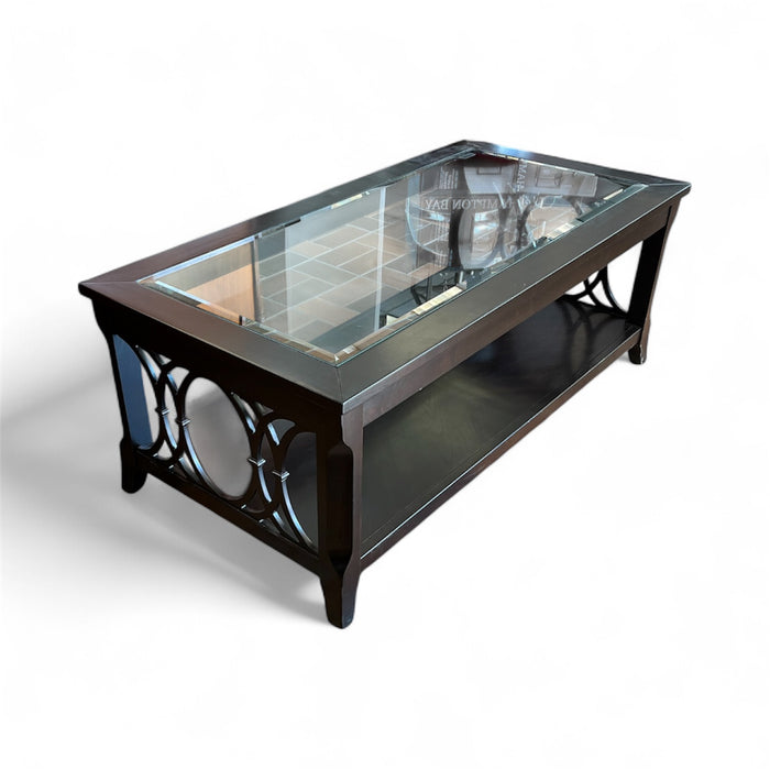Glass Top Coffee Table With Geometric Wood Sides