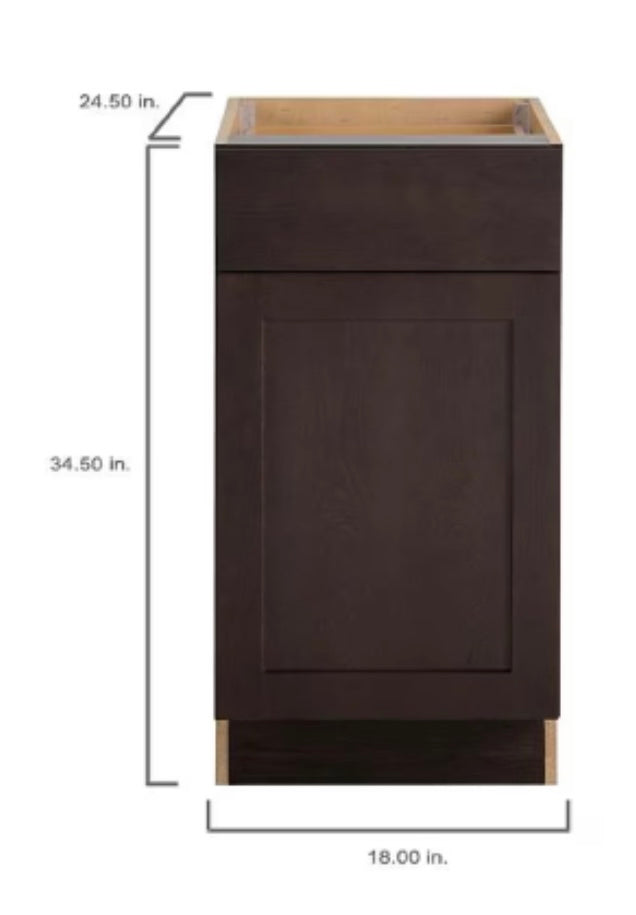Hampton Bay Edson 18-inch W x 34.5-inch H x 24.5-inch D Shaker Style Assembled Kitchen Base Cabinet/Cupboard in Dusk Cocoa Brown with Adjustable Shelf/Soft Close Drawer (B18L)