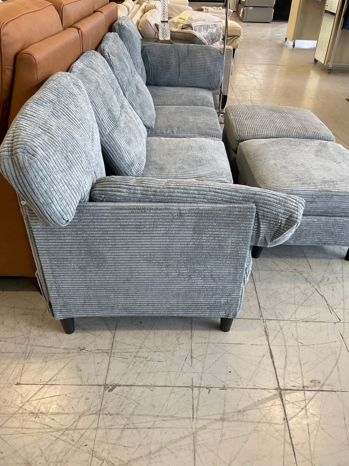 Modern 3-4 Seater Sofa in Grey Fabric with 2 Ottomans