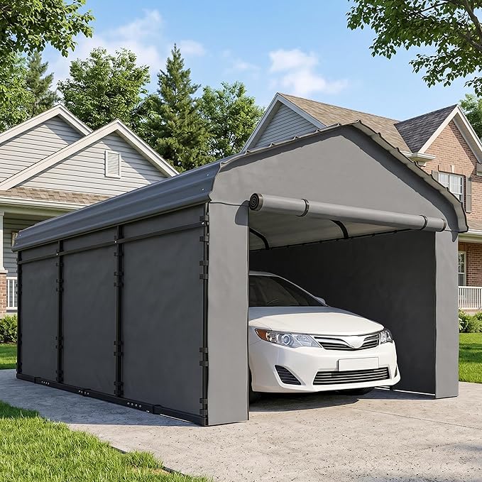 Outsunny 10' x 15' x 8' Heavy Duty Metal Carport, Waterproof Car Shelter Garage Canopy with Galvanized Metal Roof and Removable Sidewalls for Cars, Boats, Trucks and Tractors, Light Grey
