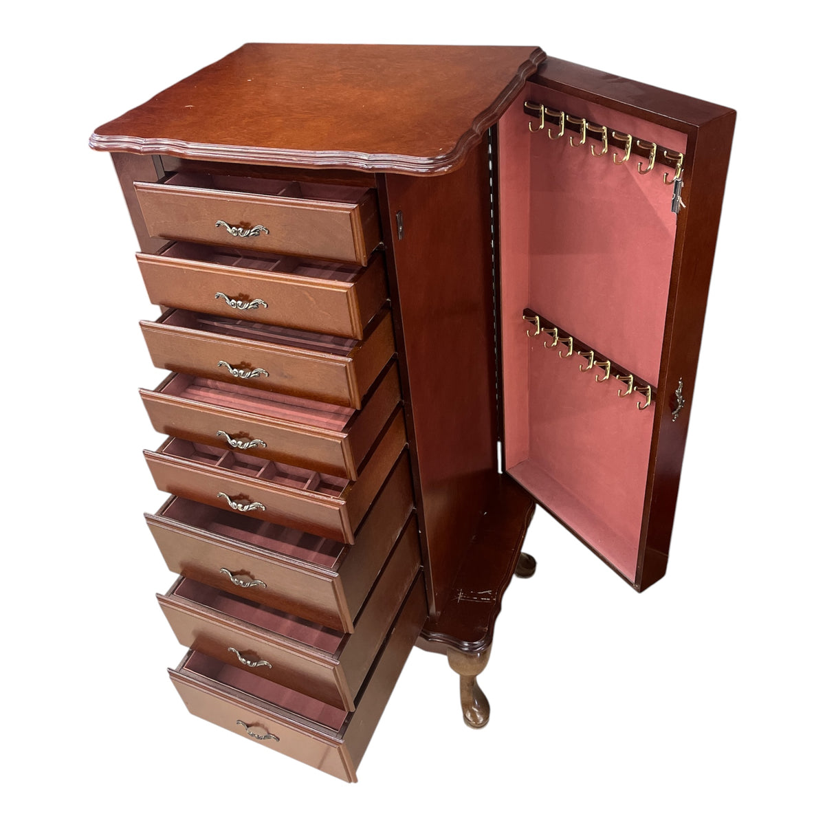 Traditional Wooden Jewelry Armoire with Mirror and Side Necklace Cabinet