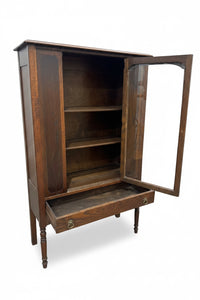 Vintage Oak China Cabinet Features A Glass Display Door And A Lower Storage Drawer