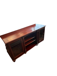 Cherry Wood Media Console Table With Glass Door Cabinets