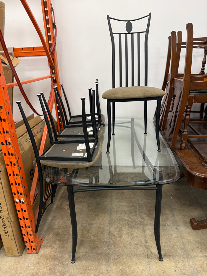 Mid-Century Glass-top Black Metal Dining Table Set