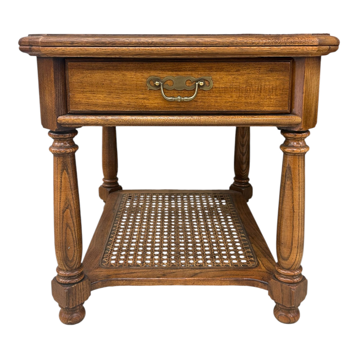 Vintage Wood End Table with Cane Bottom Shelf