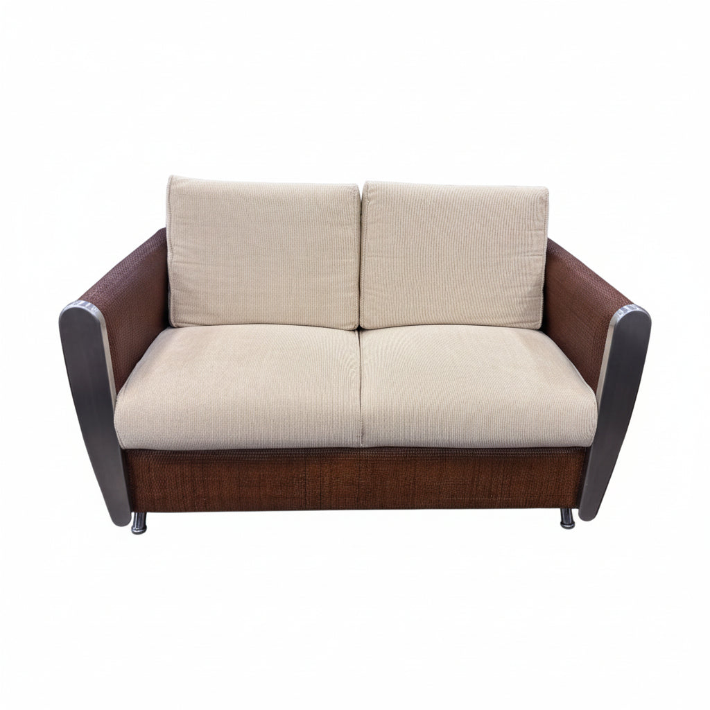 Wicker-Frame Loveseat with Beige Cushions