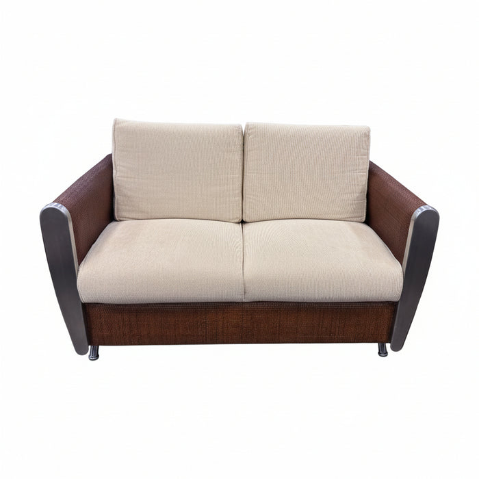 Wicker-Frame Loveseat with Beige Cushions