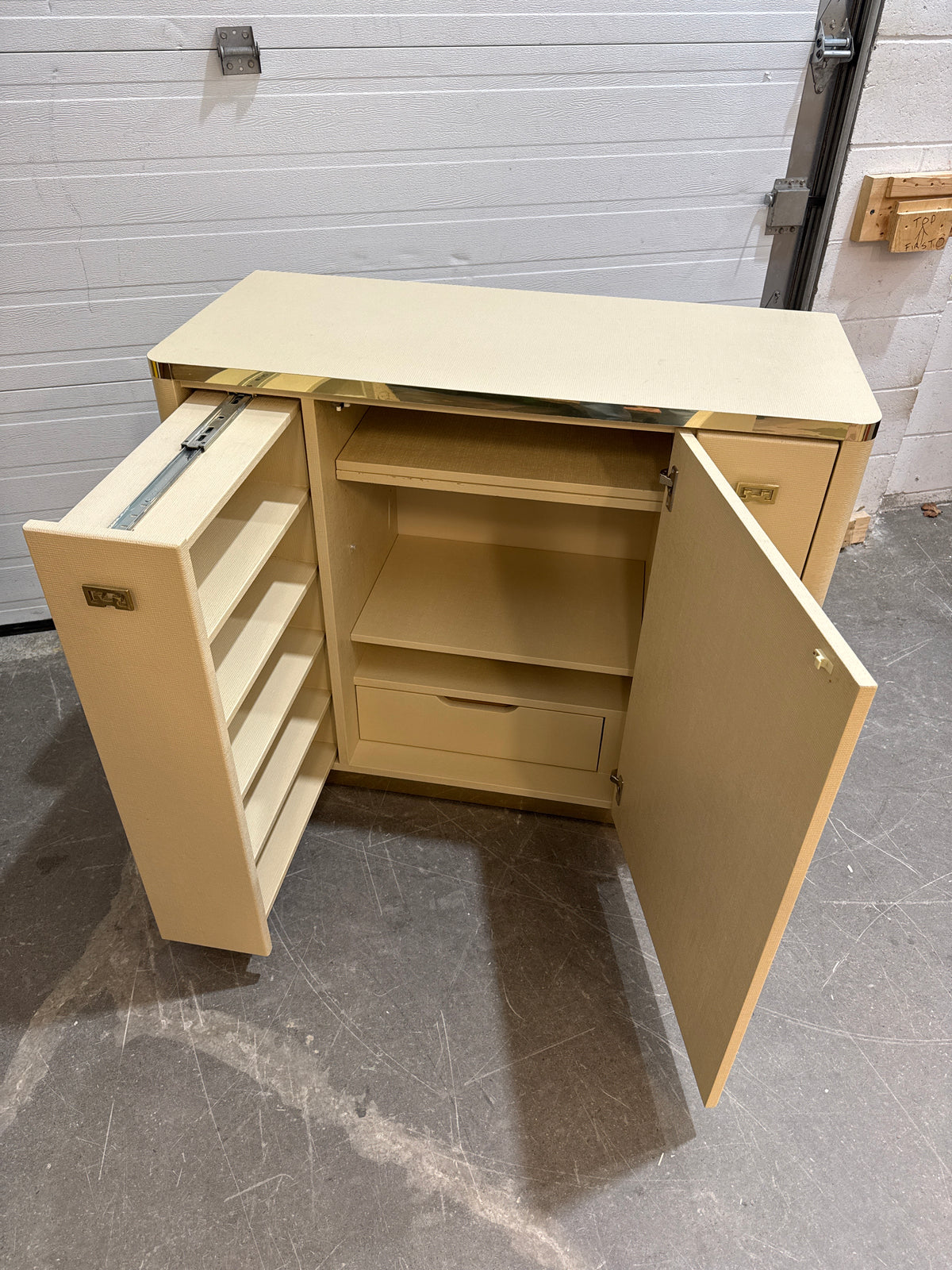42 in. Wide Vintage Cream-Lacquered And Brass-Trimmed Cabinet