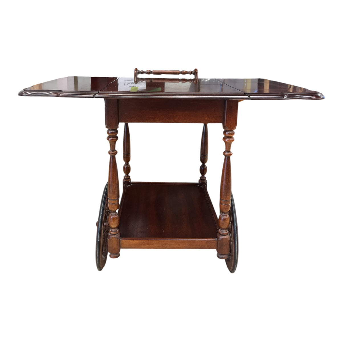 Vintage Mahogany Drop-Leaf Tea Cart with Spindle Wheels and Lower Shelf