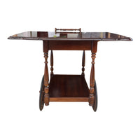 Vintage Mahogany Drop-Leaf Tea Cart with Spindle Wheels and Lower Shelf