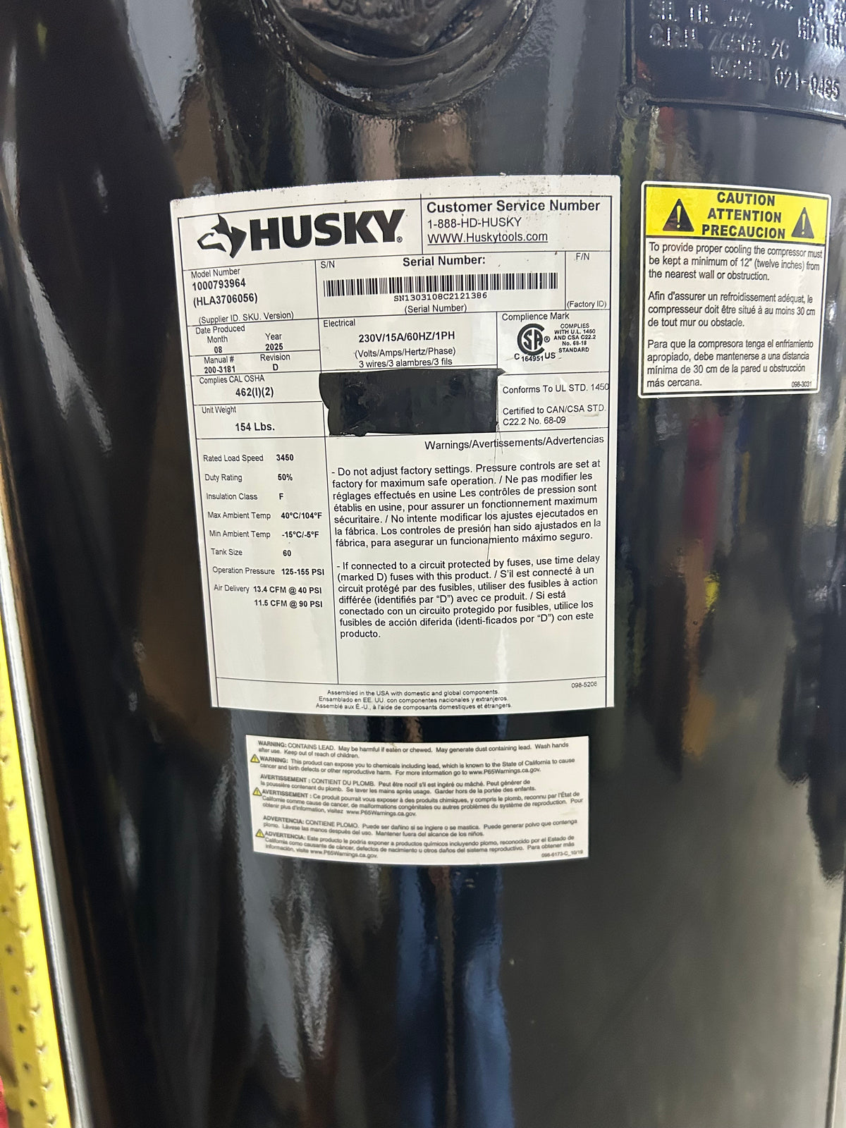 Husky 60 Gallon Belt Drive Oil Lube Air Compressor