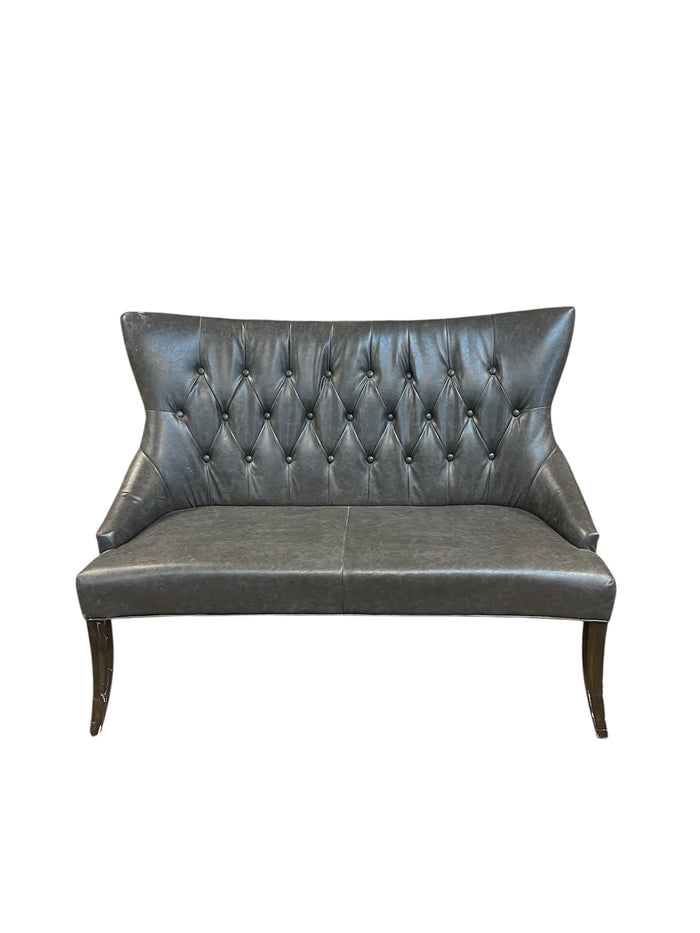 Grey Leather Tufted Back Accent Settee