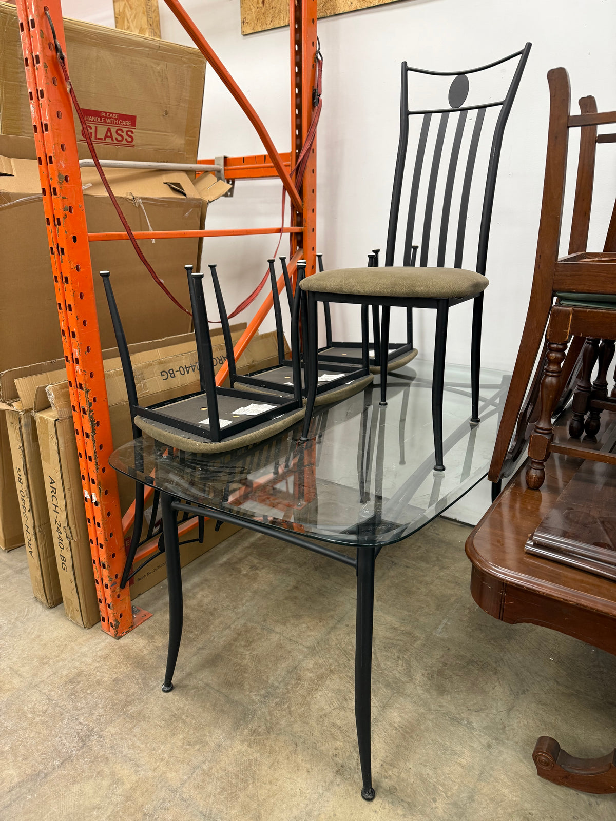 Mid-Century Glass-top Black Metal Dining Table Set