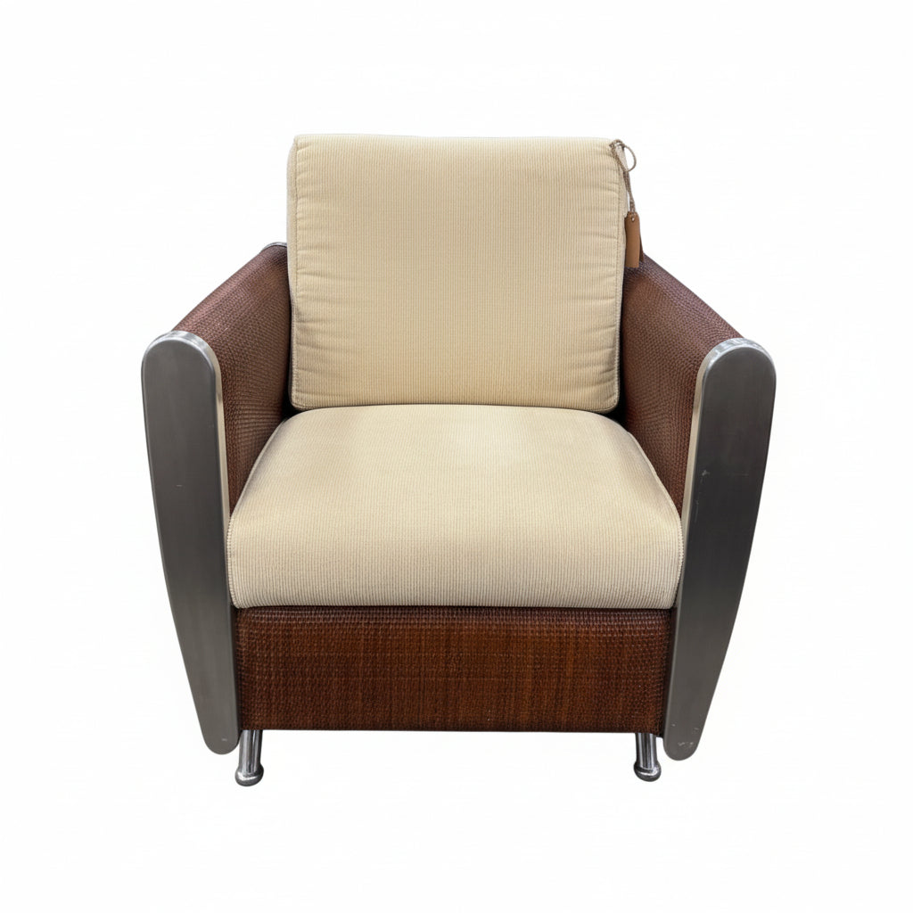 Wicker-Frame Chair with Beige Cushions
