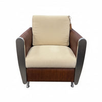 Wicker-Frame Chair with Beige Cushions