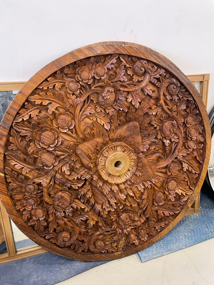 Bali Carved Wood Round Panel. 47 in W x 3 in D