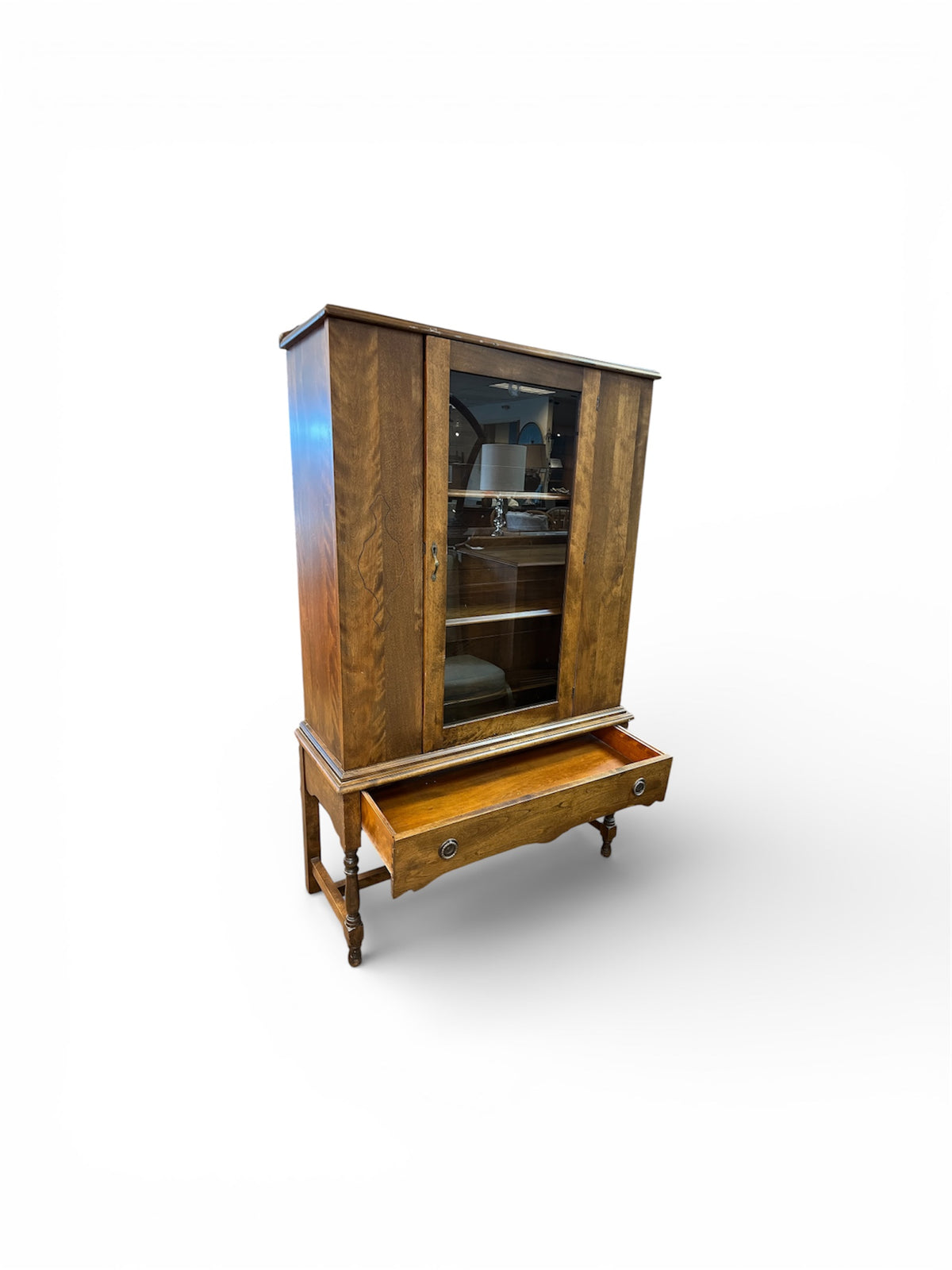 Solid Wood Display Cabinet With Drawer & Glass Front