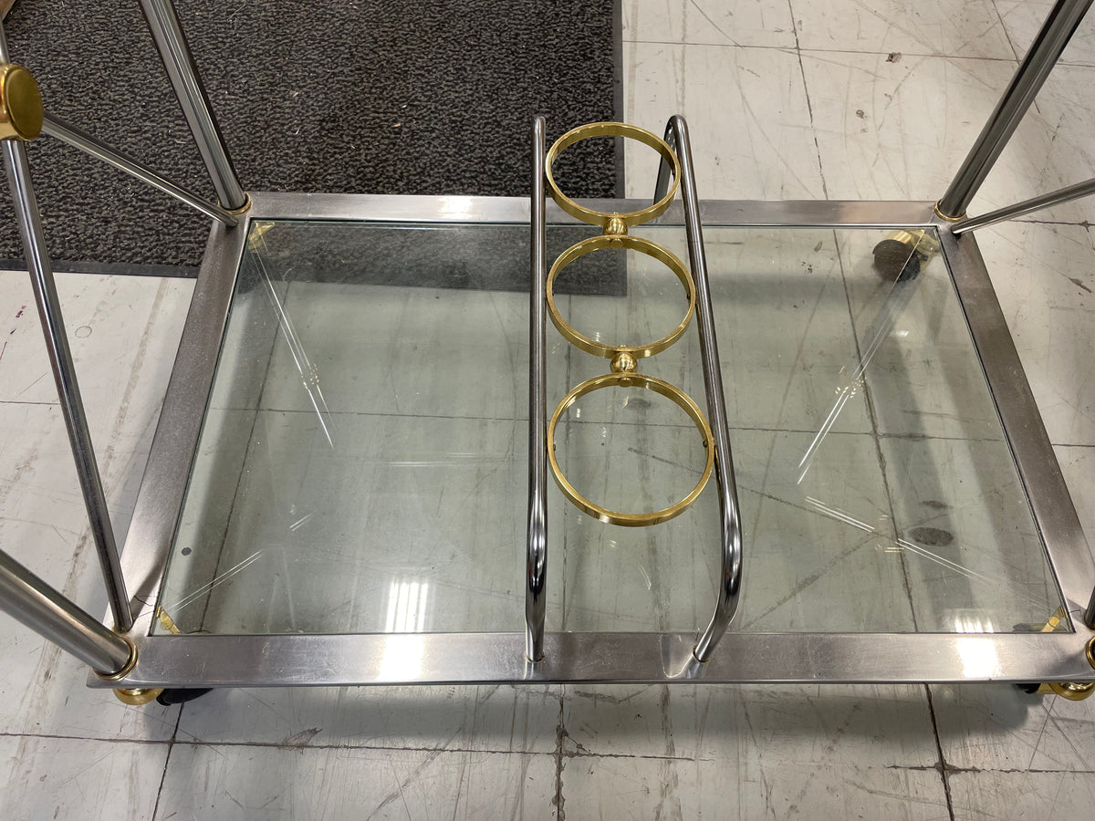 Brass-Glass-Chrome Serving Cart with Tray
