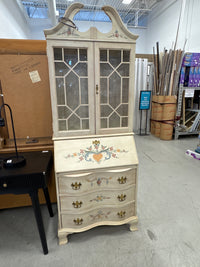 30” Wide - Cream Secretary Desk and Hutch Featuring Delicate Hand-Painted Floral Motifs and Glass Upper Cabinet Doors.