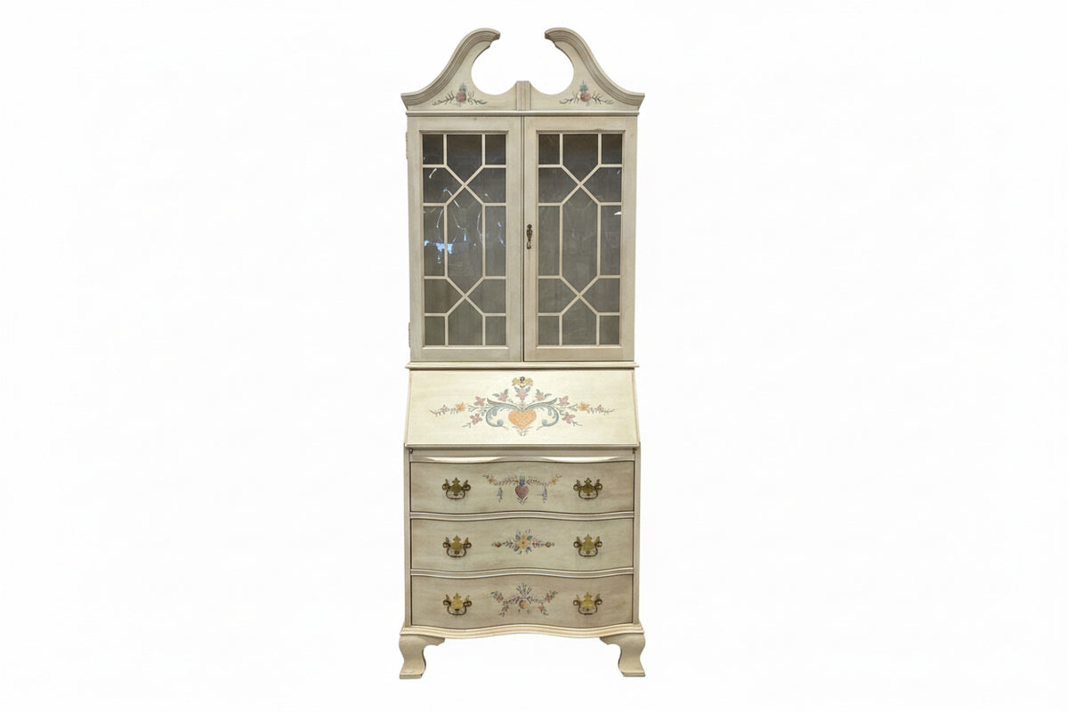 30” Wide - Cream Secretary Desk and Hutch Featuring Delicate Hand-Painted Floral Motifs and Glass Upper Cabinet Doors.