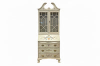 30” Wide - Cream Secretary Desk and Hutch Featuring Delicate Hand-Painted Floral Motifs and Glass Upper Cabinet Doors.