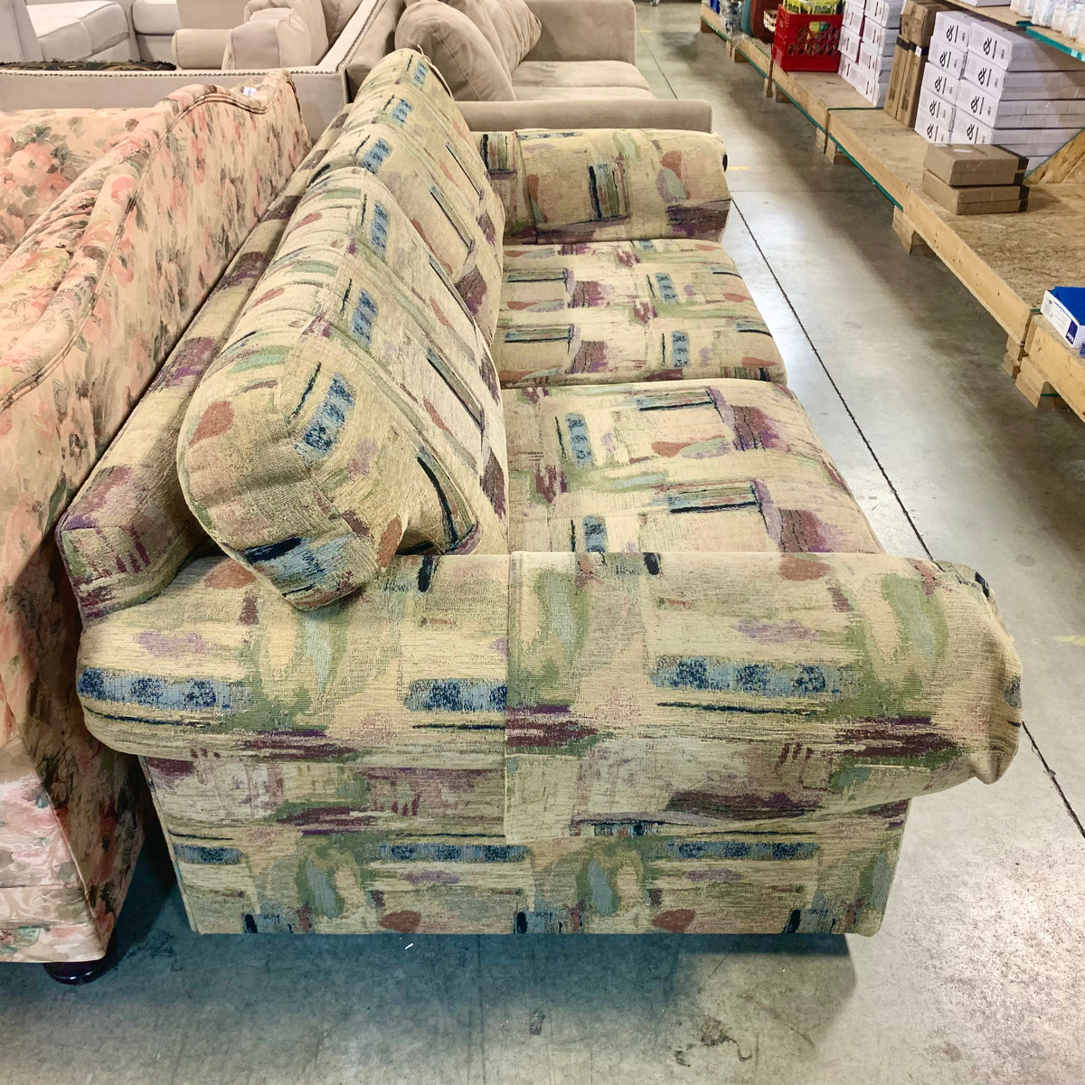 88-Inch Wide Green Patterned Sofa
