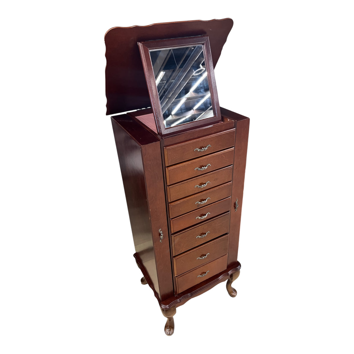 Traditional Wooden Jewelry Armoire with Mirror and Side Necklace Cabinet