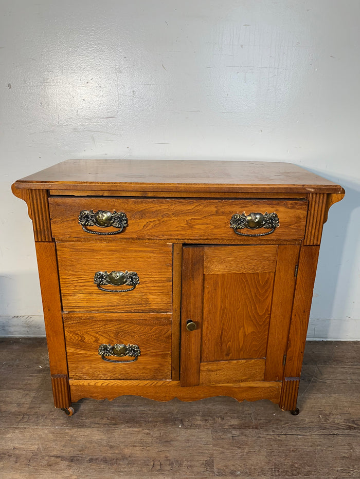 Solid Oak Washstand Cabinet With Ornate Brass Pulls & Side Towel Bars