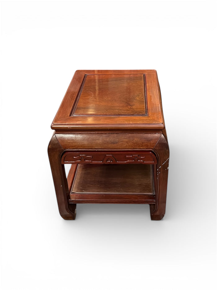 Red Tone Side Table with Carvings and Lower Shelf