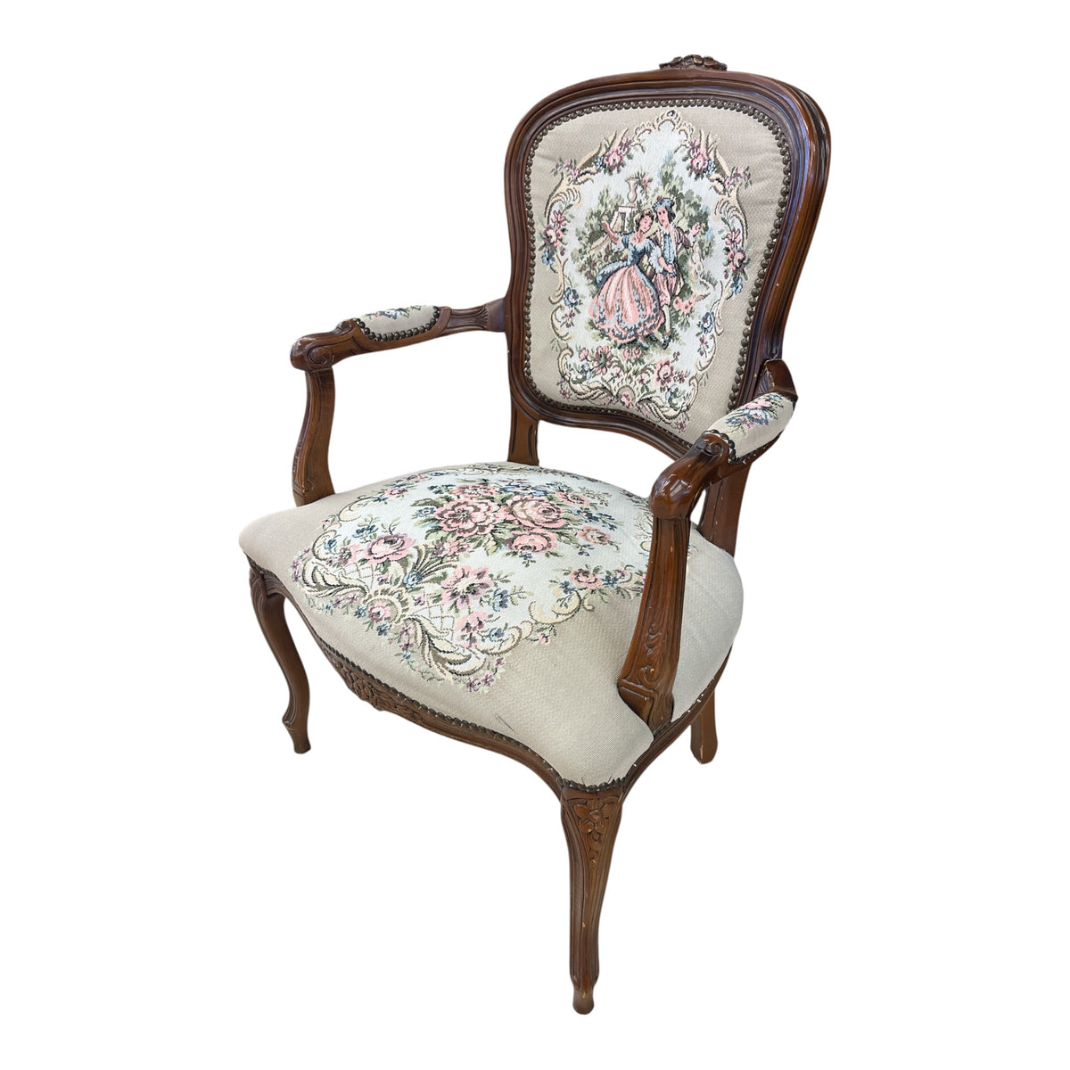 Vintage French Provincial-Inspired Tapestry Upholstered Accent Chair