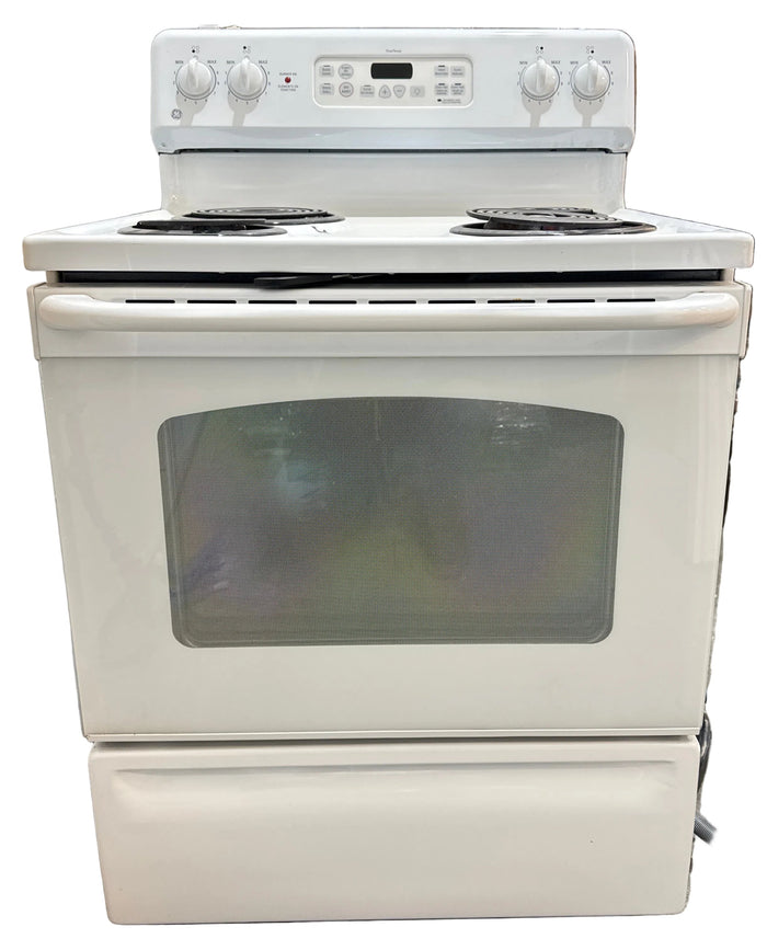 GE 30-inch freestanding electric range with coil burners.