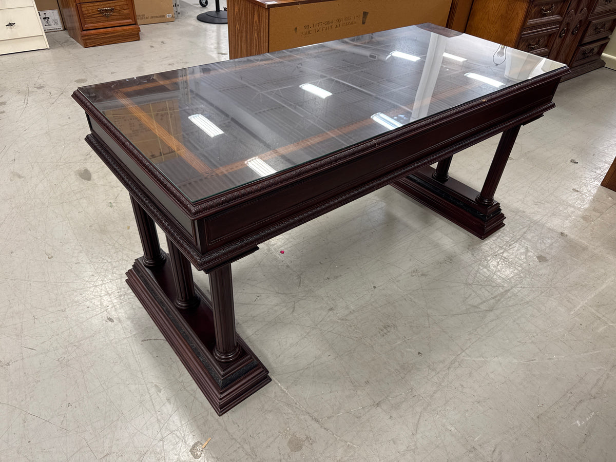 65 In. Wide Traditional Mahogany-Finish Richmond Executive Writing Desk with Glass Top by The Bombay Company