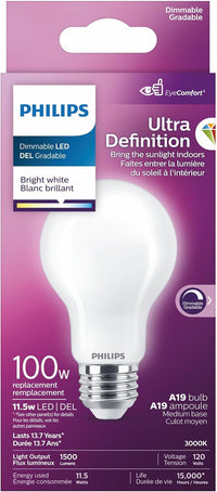 A19 Ultra Definition Frosted Dimmable LED Bulb - 100W=11.5W - Bright White 3000K-1500K Lumen - E26 Base