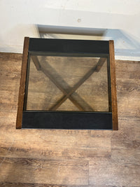 Contemporary Glass & Leather Top Side Table With Cross Base