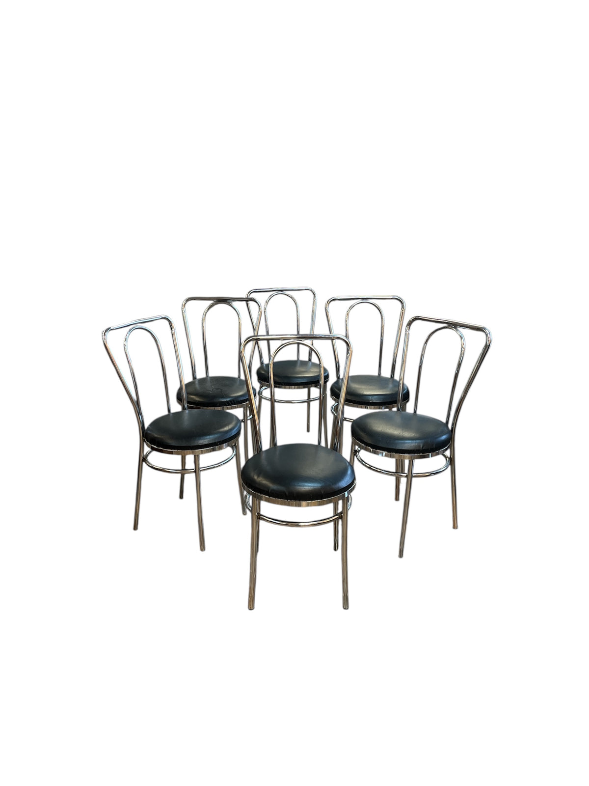 Set of 6 Chrome Chairs with Black Upholstered Seats