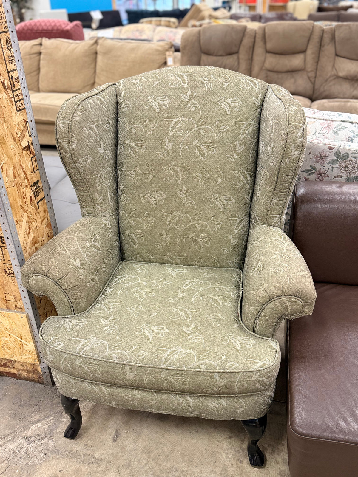 Sage Green Floral Patterned Wingback Armchair