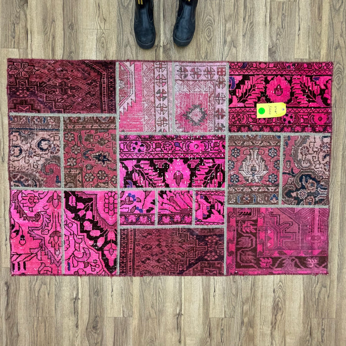 4×6-ft Pink Persian Patchwork Rug – Hand-Knotted Polyester, 312