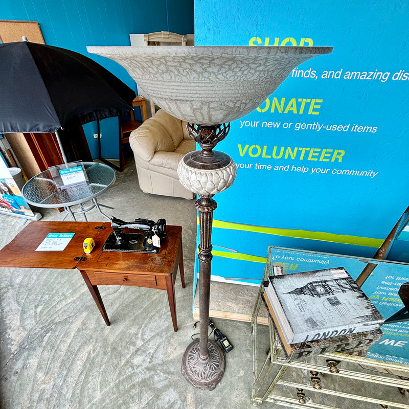 Vintage Distressed Metal Floor Lamp with Glass Shade – 73.5-Inch H