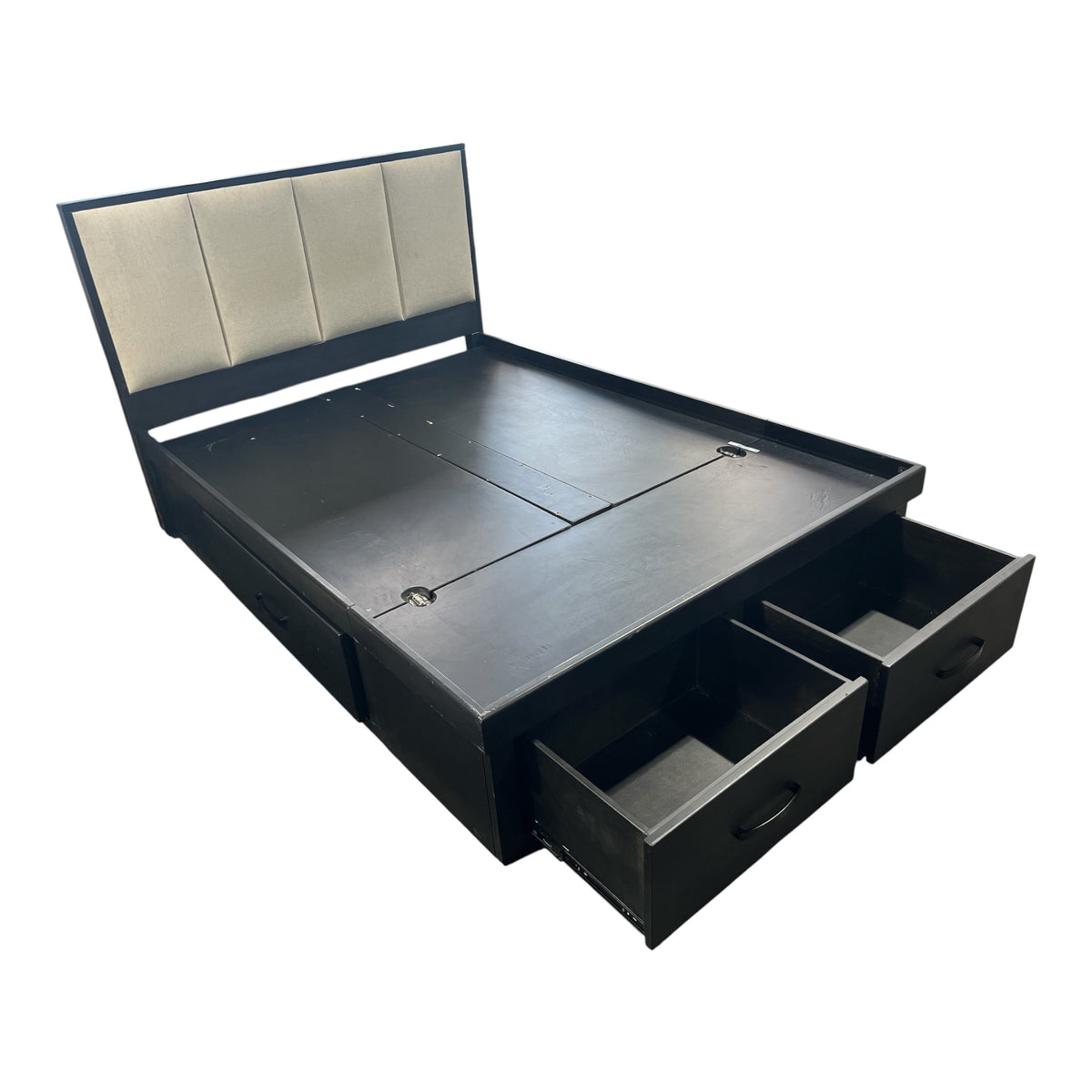Black Platform Storage Bed with Upholstered Panel Headboard