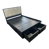 Black Platform Storage Bed with Upholstered Panel Headboard