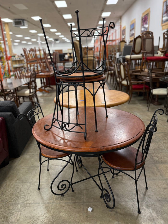 Vintage Twisted Iron and Oak Ice Cream Parlor Dining Set