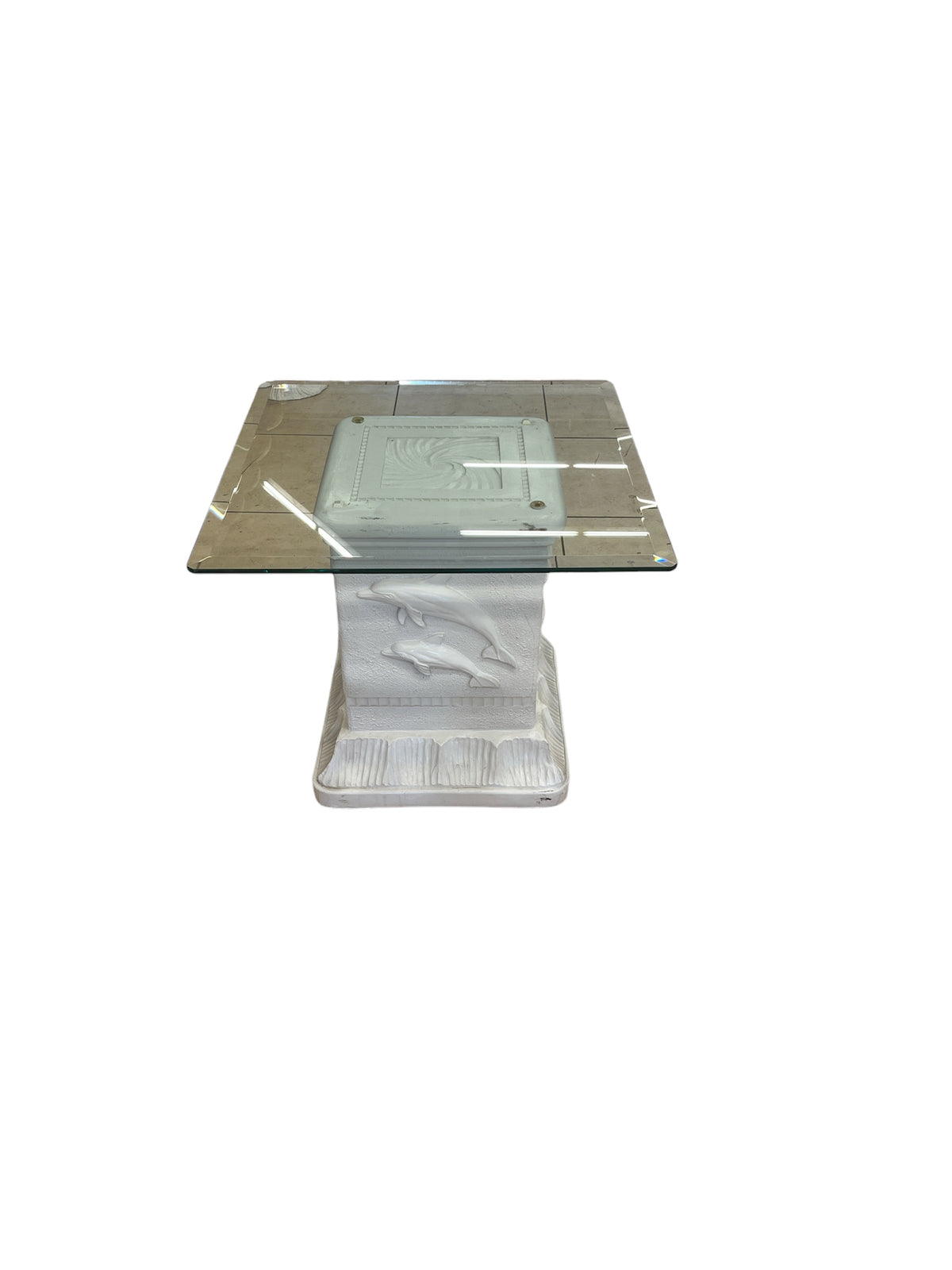 White Painted Coastal Glass Accent Table with Carved Dolphins