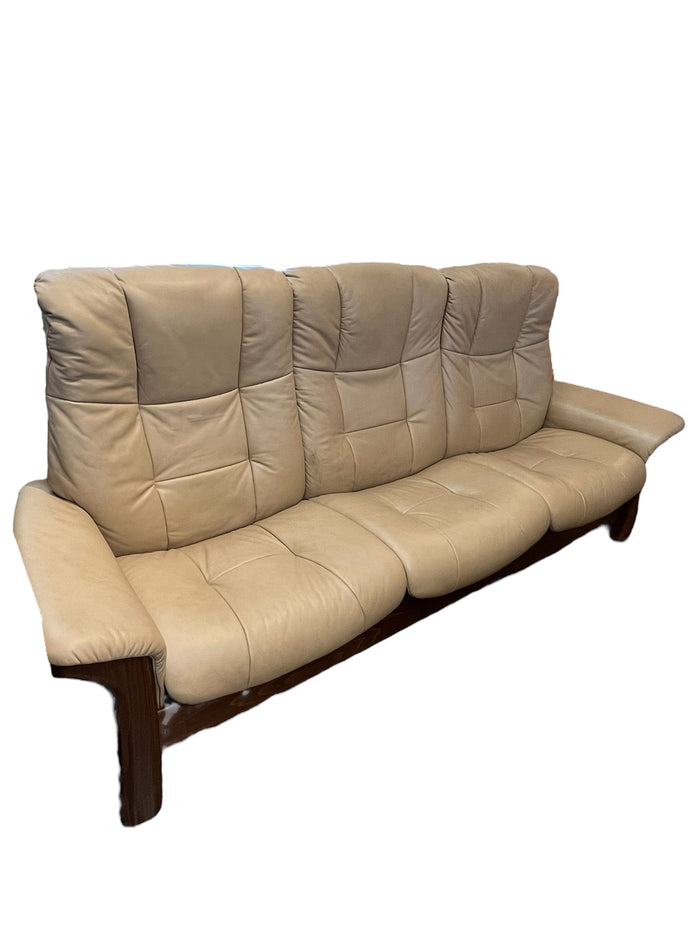 Beige Leather Reclining Sofa With Wood Frame