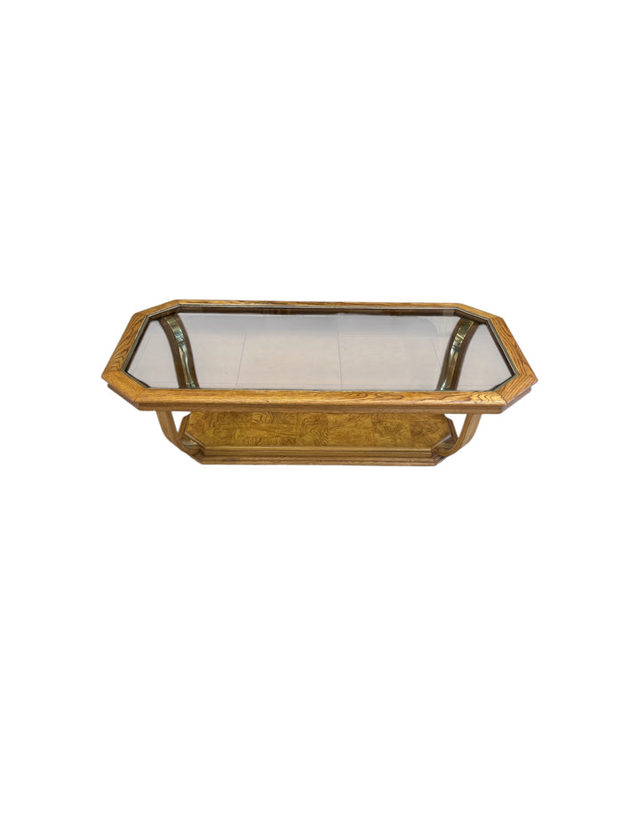 Oak Tone Wood & Glass Coffee Table with Gold Accents