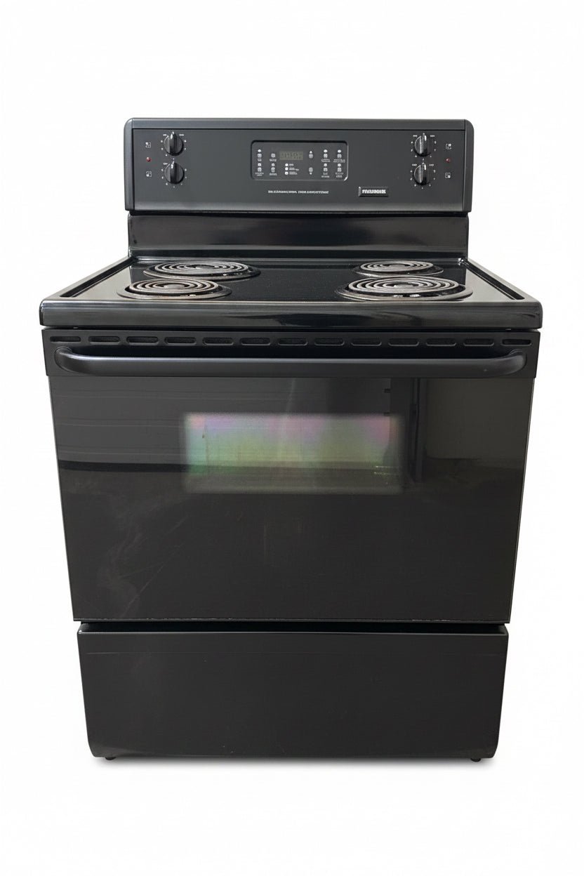 Frigidaire Freestanding Electric Range Features a 4-Burner Coil Cooktop, Electronic Oven controls, and a self-cleaning function.
