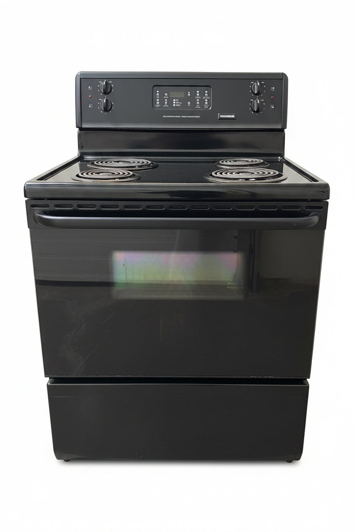 Frigidaire Freestanding Electric Range Features a 4-Burner Coil Cooktop, Electronic Oven controls, and a self-cleaning function.